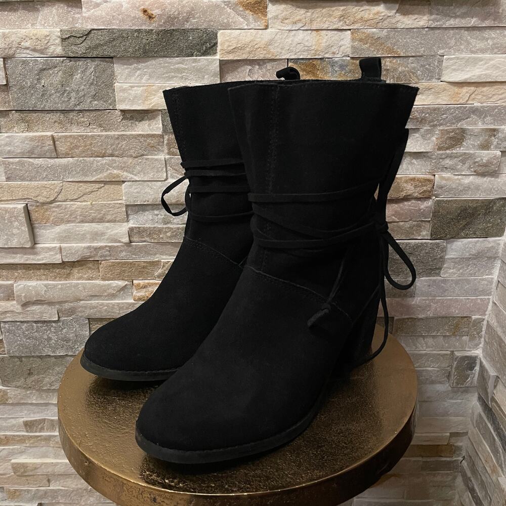 TOMS Mila Black Suede Ankle Boots | Lace Wrap, Block Heel, Size 8 - Picture 8 of 9
